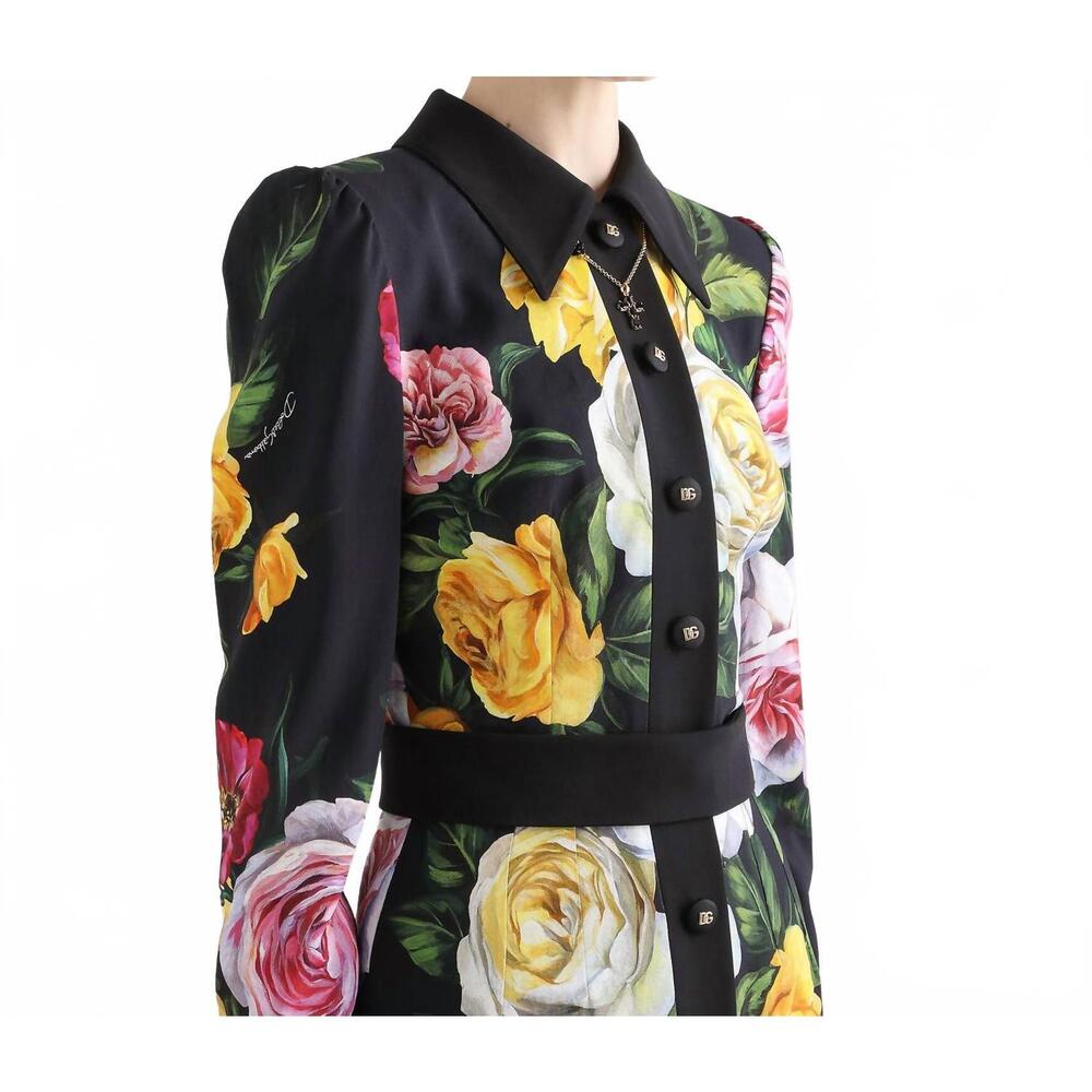 NEW DOLCE & GABBANA women's floral cady shirt dress in black peony and rose - Picture 3 of 5